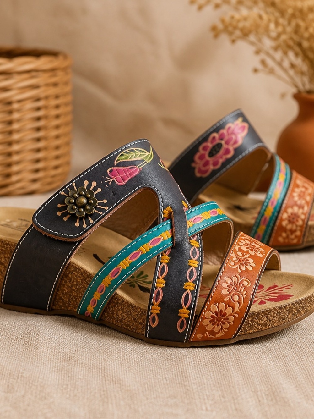 Spring Step L'Artiste Hand-Painted Wedge Sandals  women’s size 6 Bohemian style